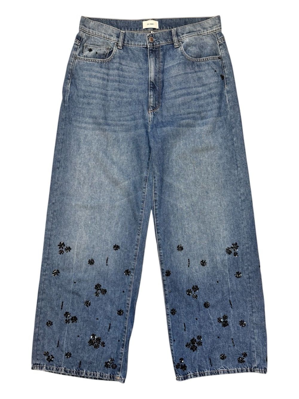 DL1961 Hepburn Embellished Wide Leg High Rise Crystal Floral 32 Medium Wash - Picture 4 of 8